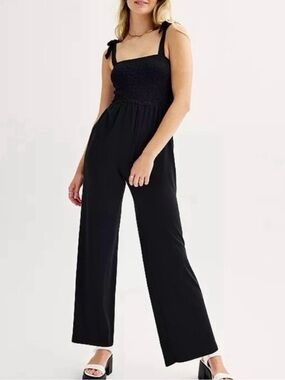 SO Black Shoulder Bow Tie Smocked Wide Leg Stretch Jumpsuit Size XXL